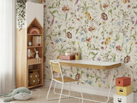 The mural shows a hand-painted floral scene.

