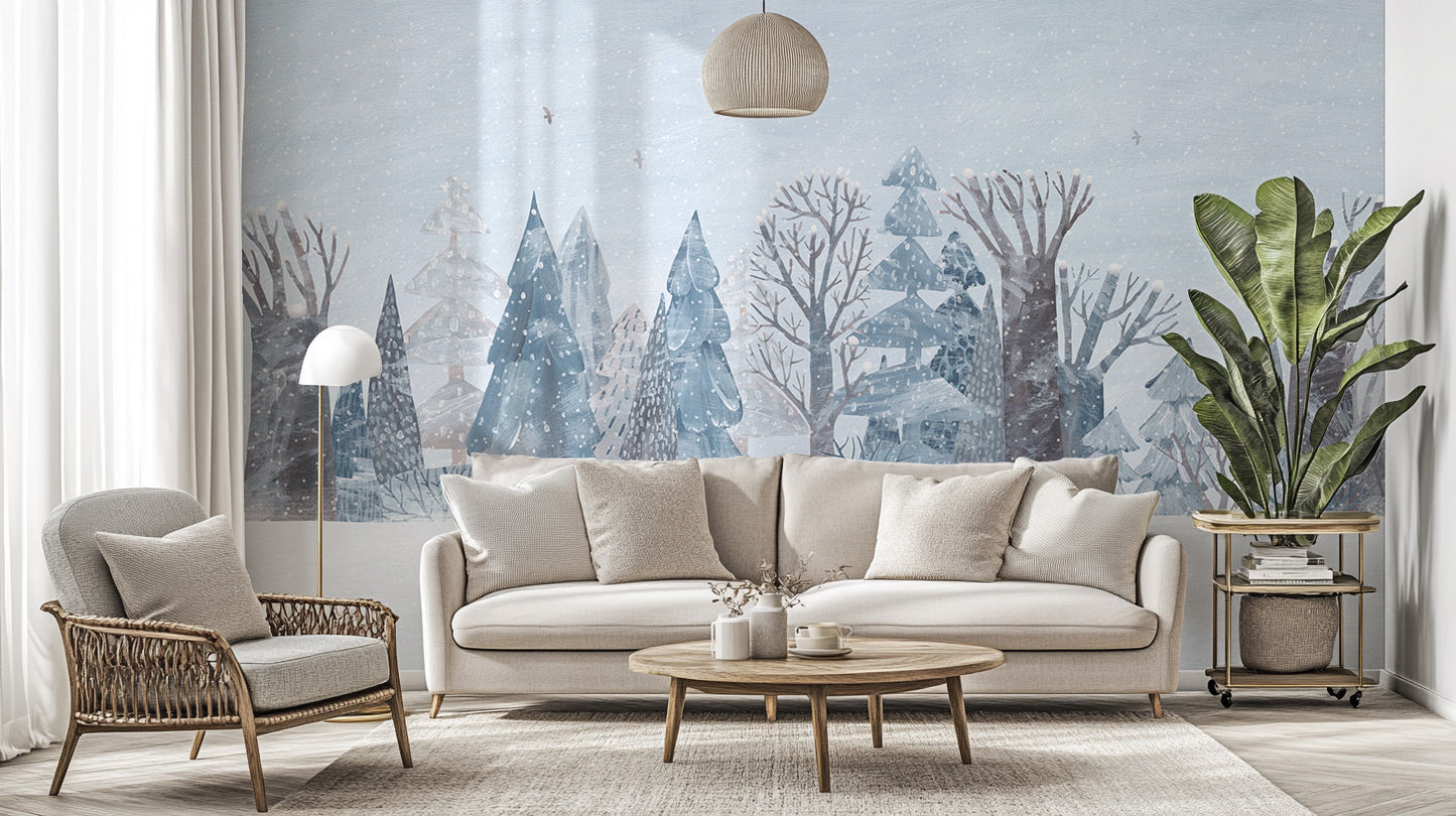 Winter Wonderland Forest wallpaper mural of pastel blue snowy trees behind a cream sofa and wood coffee table