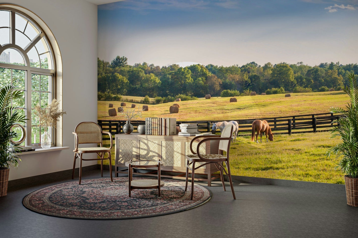 Farm field mural with trees and horses
