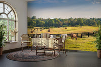 Farm field mural with trees and horses
