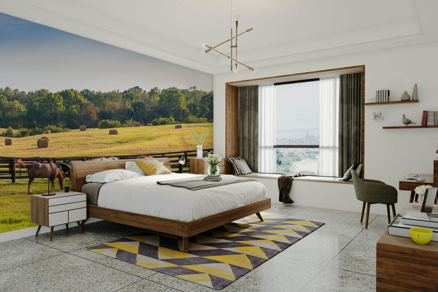 Nature mural wallpaper with green pasture
