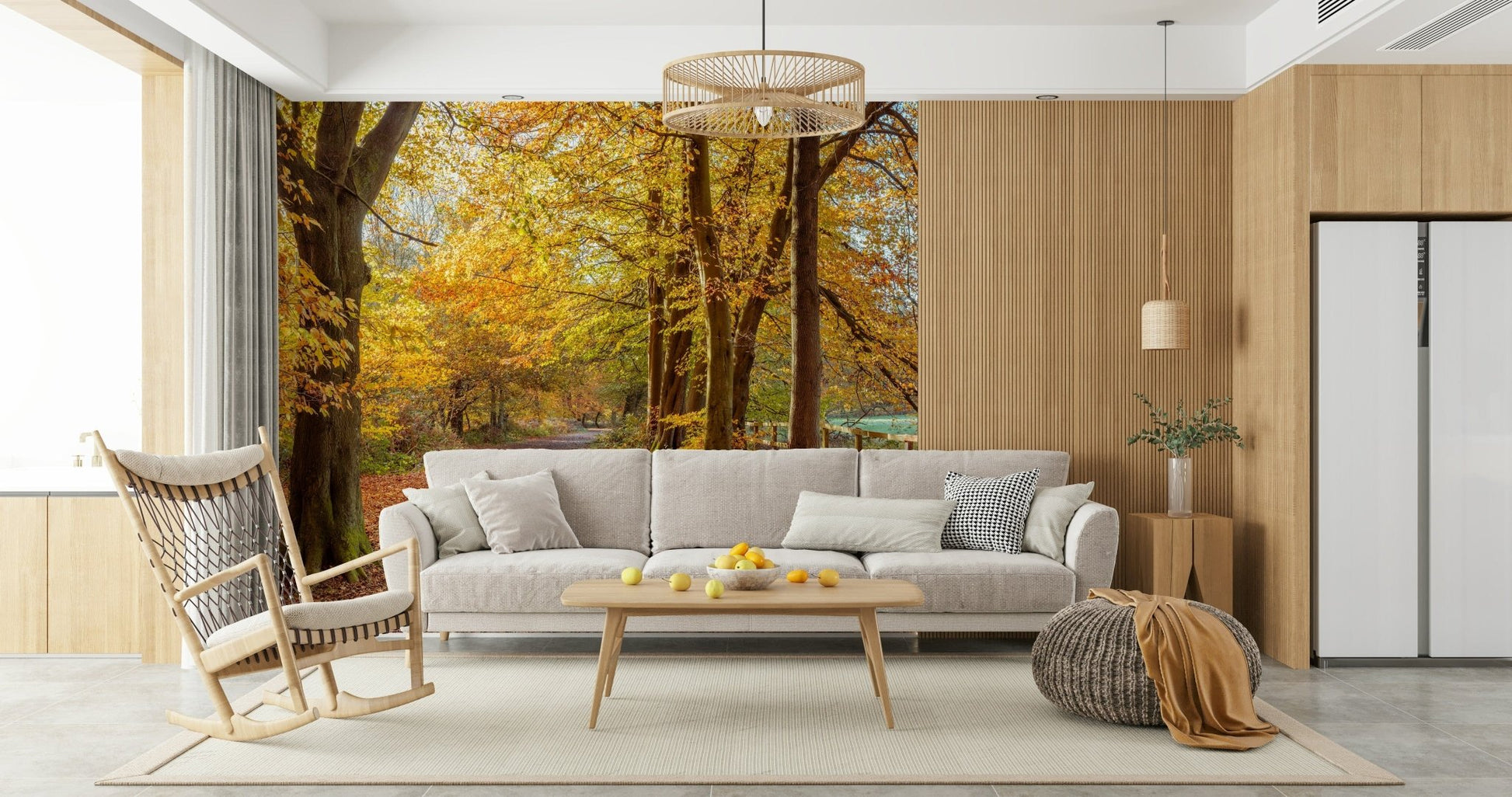 Tranquil park setting, orange and yellow leaves, Pathway Covered in Fall Leaves.