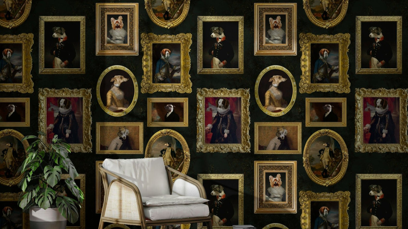 Wall mural showing a gallery of artistic animal portraits.

