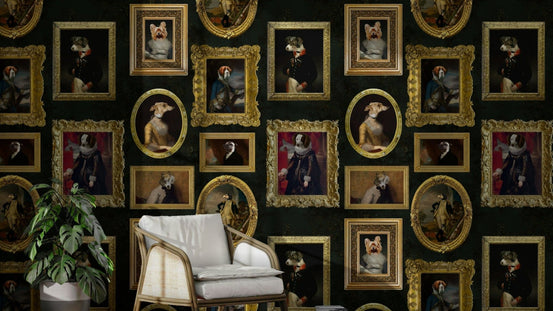 Wall mural showing a gallery of artistic animal portraits.

