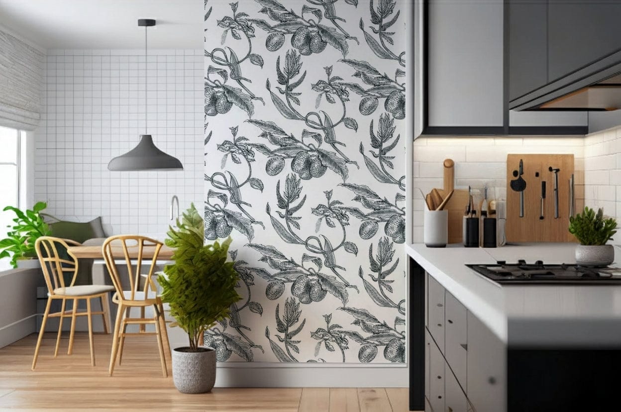 Pe de Maracuja wallpaper mural with sketched passion fruit branches by a bright dining nook beside a gray kitchen