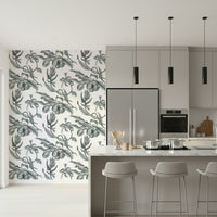 Pe de Maracuja wallpaper mural with black-and-white passion fruit botanical sketch in a gray modern kitchen with island