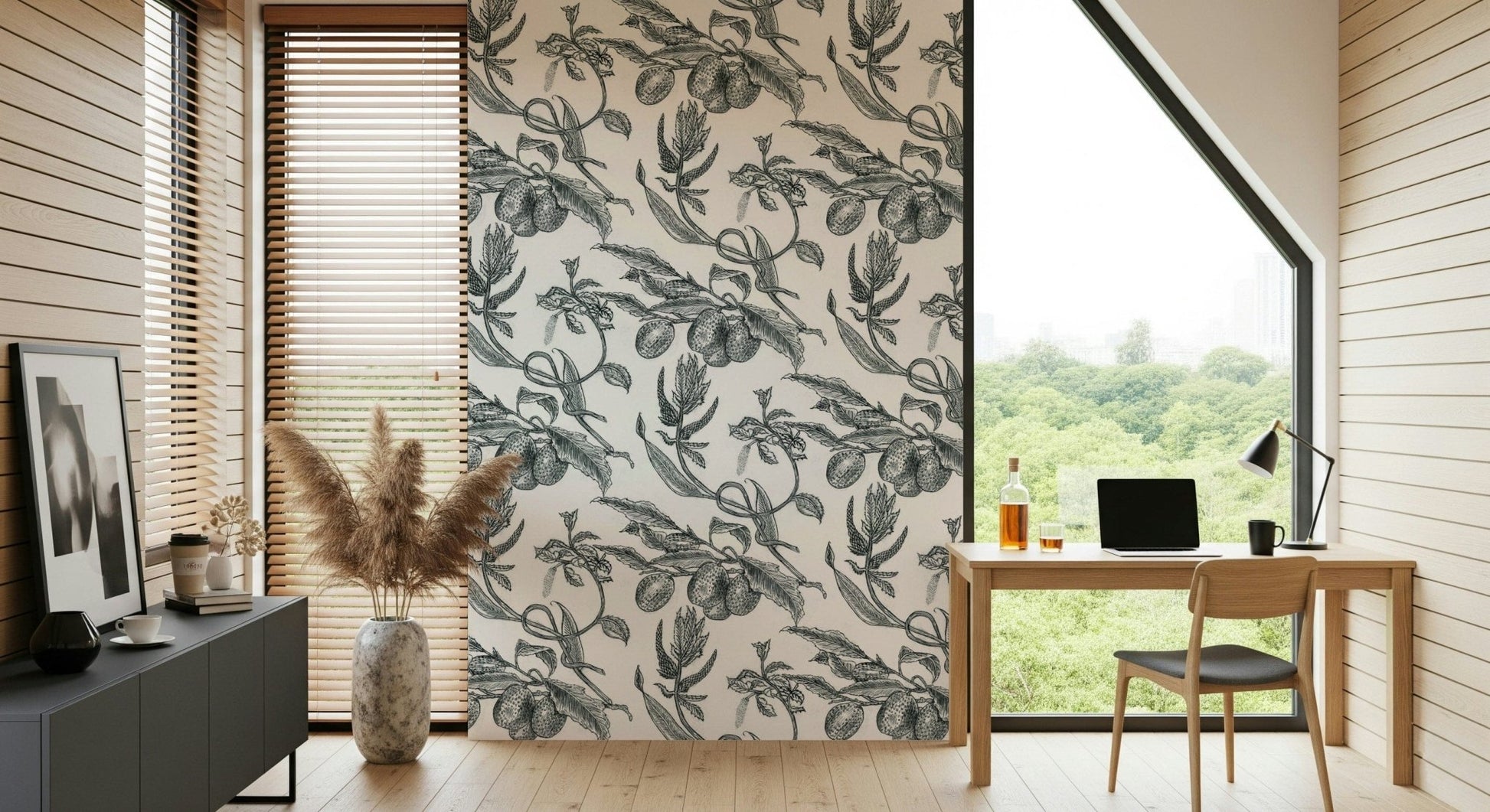 Pe de Maracuja wallpaper mural of vintage passion fruit vines on a cream wall in a wood home office with desk and window