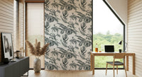 Pe de Maracuja wallpaper mural of vintage passion fruit vines on a cream wall in a wood home office with desk and window