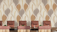 Elegant Peace Lily wallpaper with beige and brown leaf-wave pattern behind brown leather chairs in a meeting room