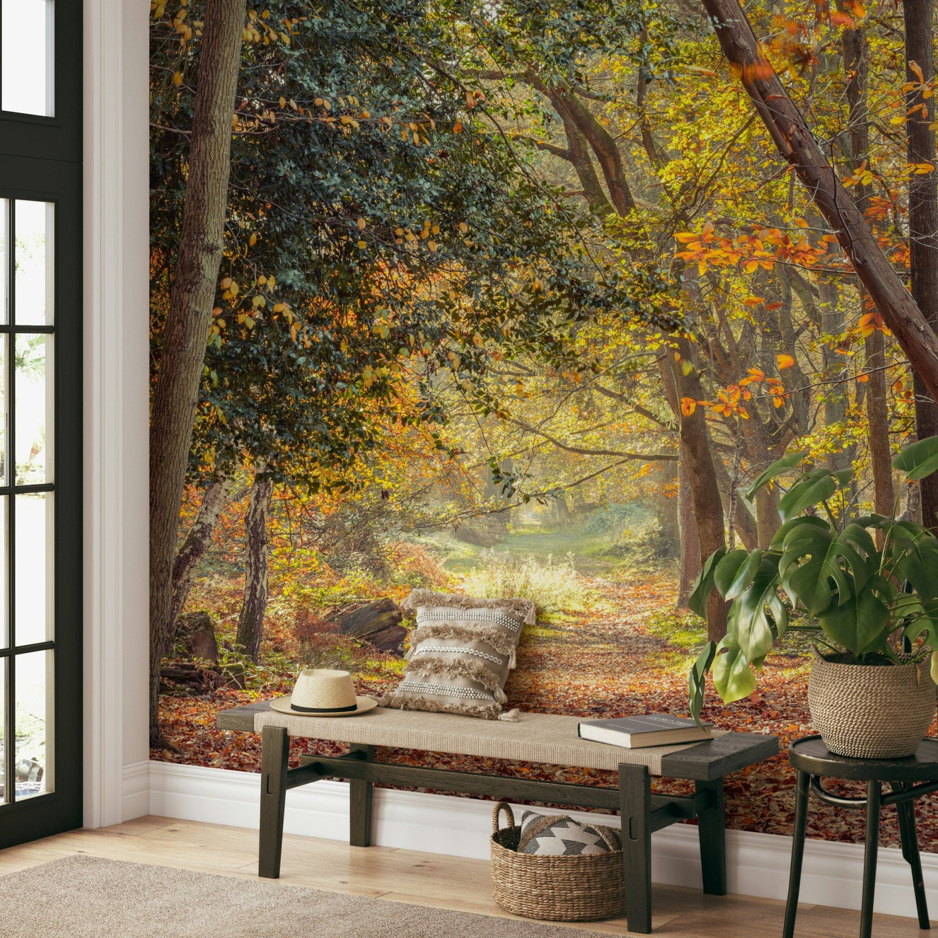 Serene autumn forest path mural with golden fall colors

