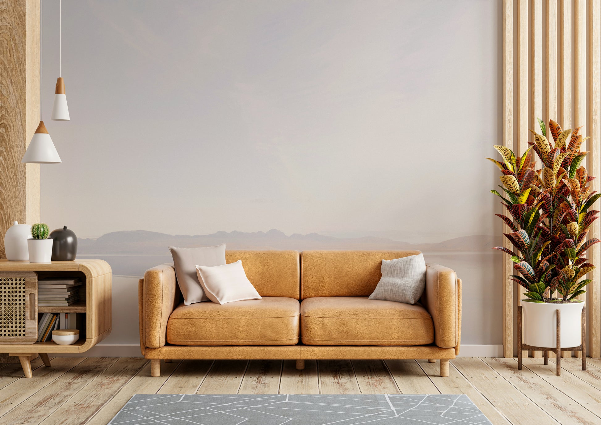 Durable landscape wallpaper for a sunlit dining room with minimalist decor.