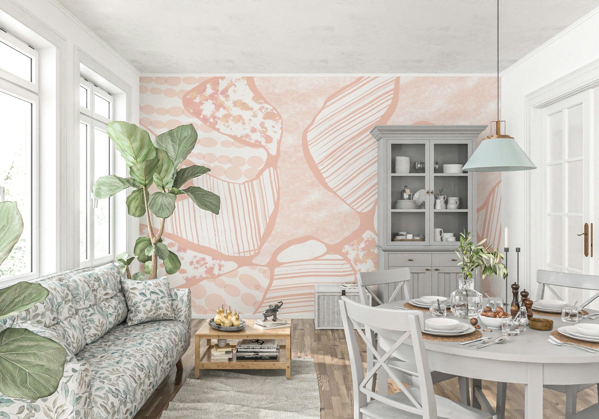 Modern Forms peach abstract wallpaper mural in a living room with a floral sofa and fiddle-leaf plant