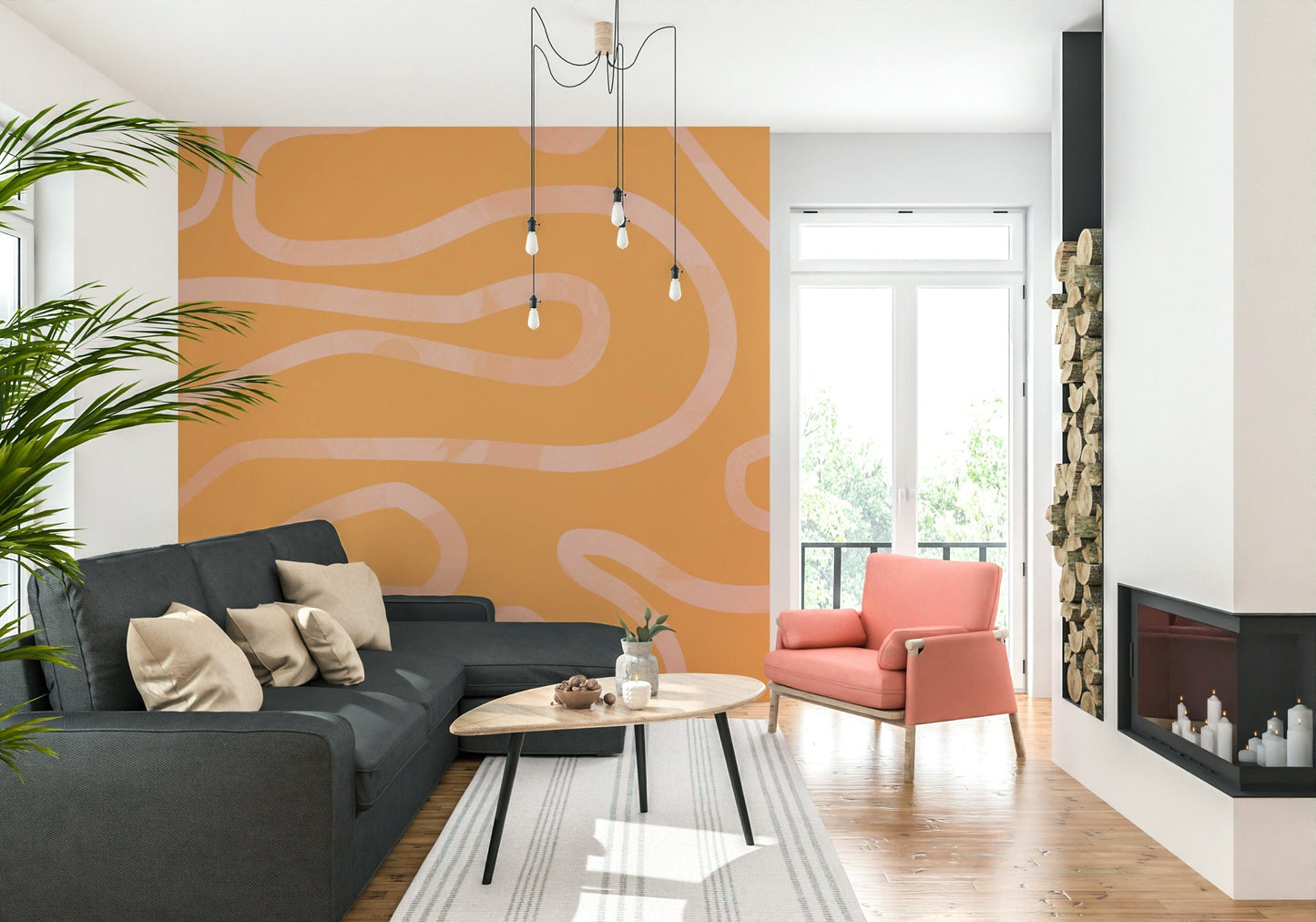 Peach Drift swirling abstract mural minimal artistic interior accent.