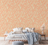Soft peach wallpaper with white leaf design for bedroom
