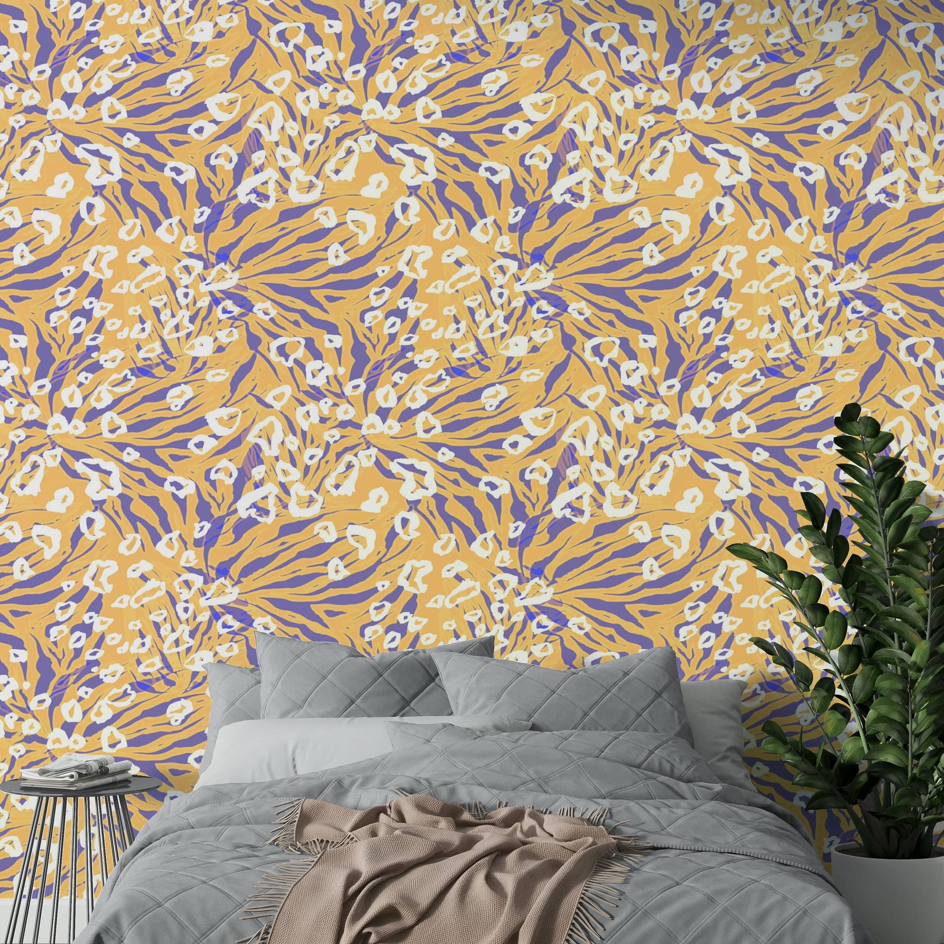 A peaceful modern abstract mural on decorative wallpaper.

