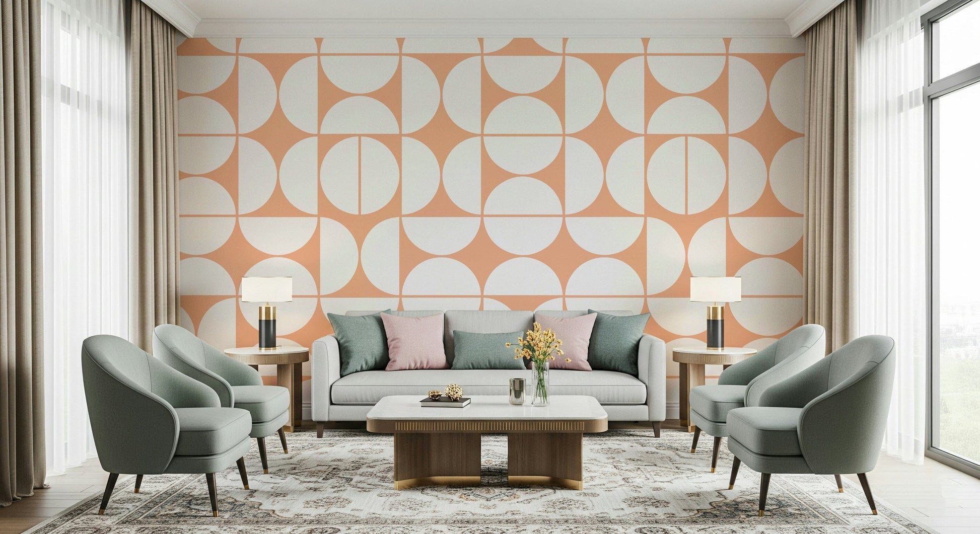 A contemplative fluid design wallpaper mural for a feature wall.