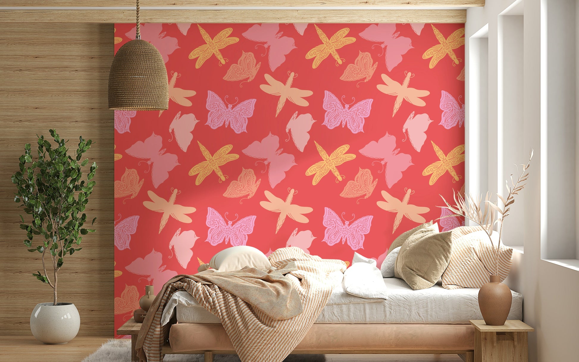Bright butterfly wallpaper featuring floating winged motifs on a textured coral-toned background.
