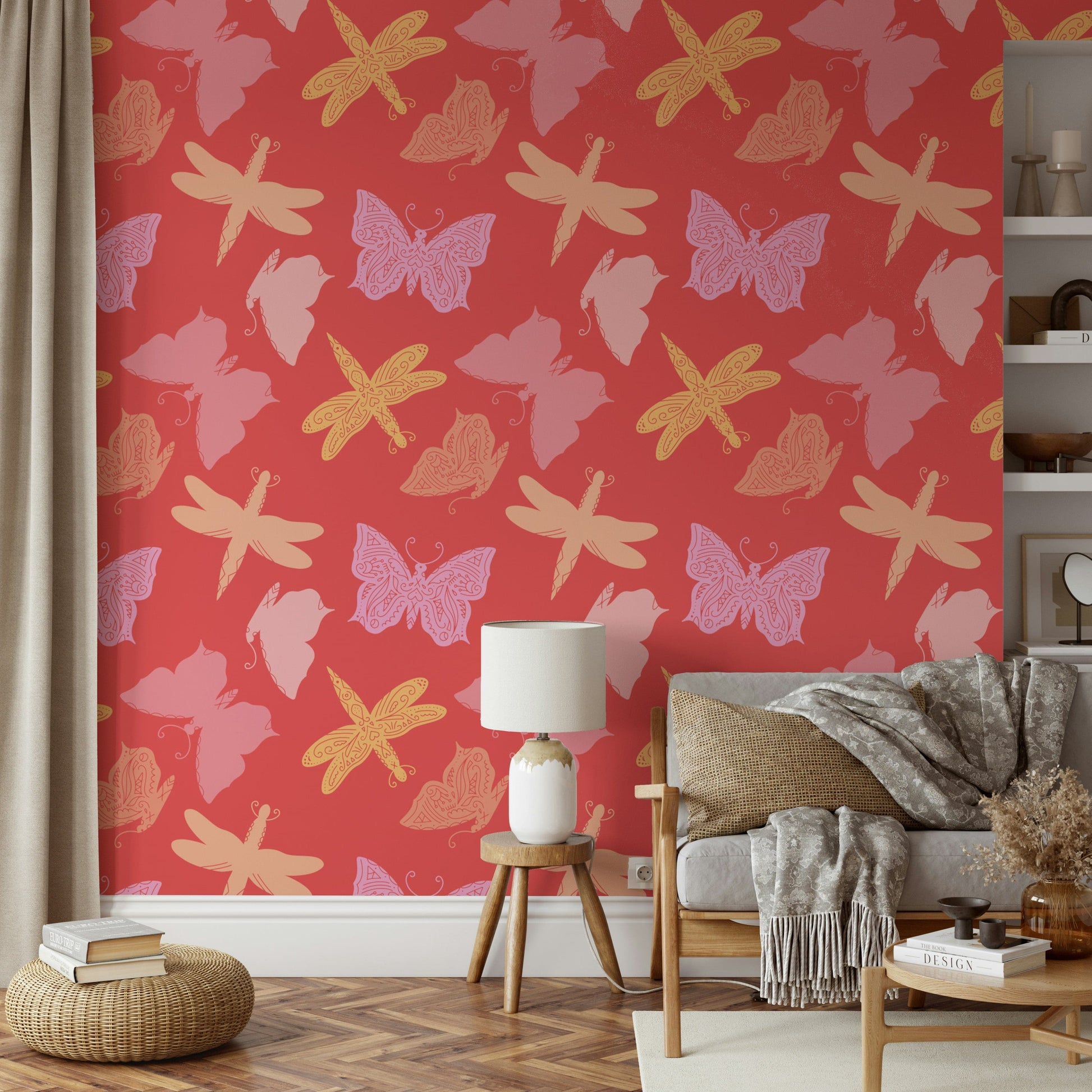 Artistic wallpaper mural with hand-drawn butterflies in soft pink, lavender, and golden hues.