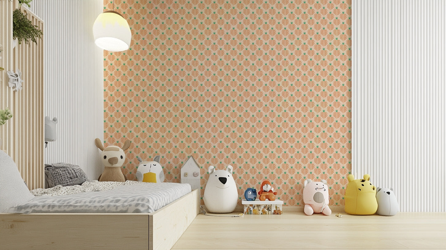 Soft peach chunky plant wallpaper with lush jungle jewel details

