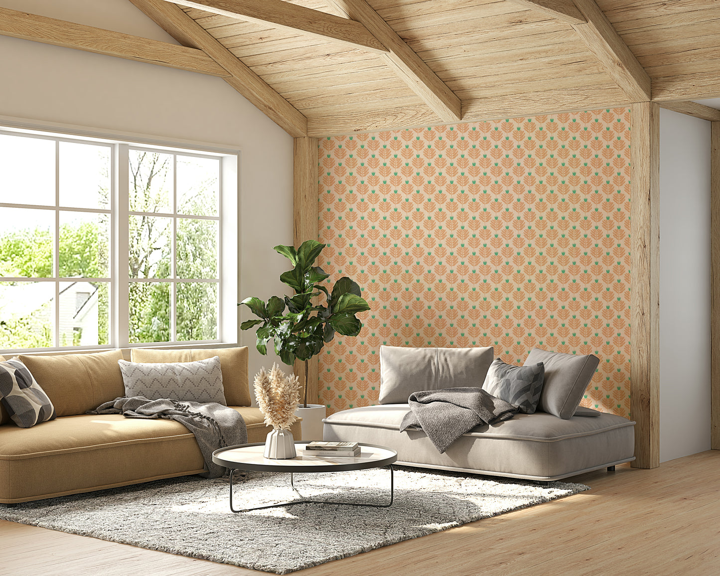 Vibrant peach chunky plant wallpaper featuring jewel jungle motifs

