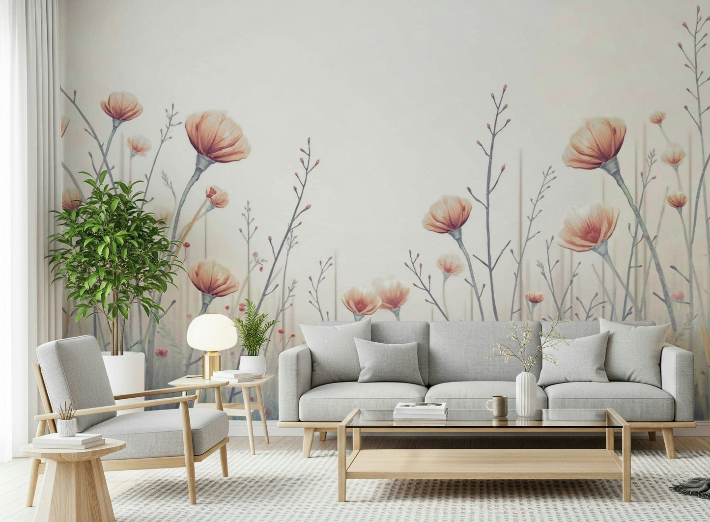 Radiant Whispering Blooms wallpaper captures light-filled outdoor scene wall mural.