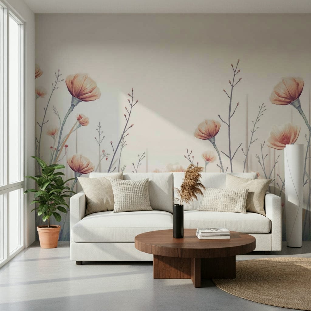 Artistic Whispering Blooms wall mural presents airy spring foliage wallpaper.