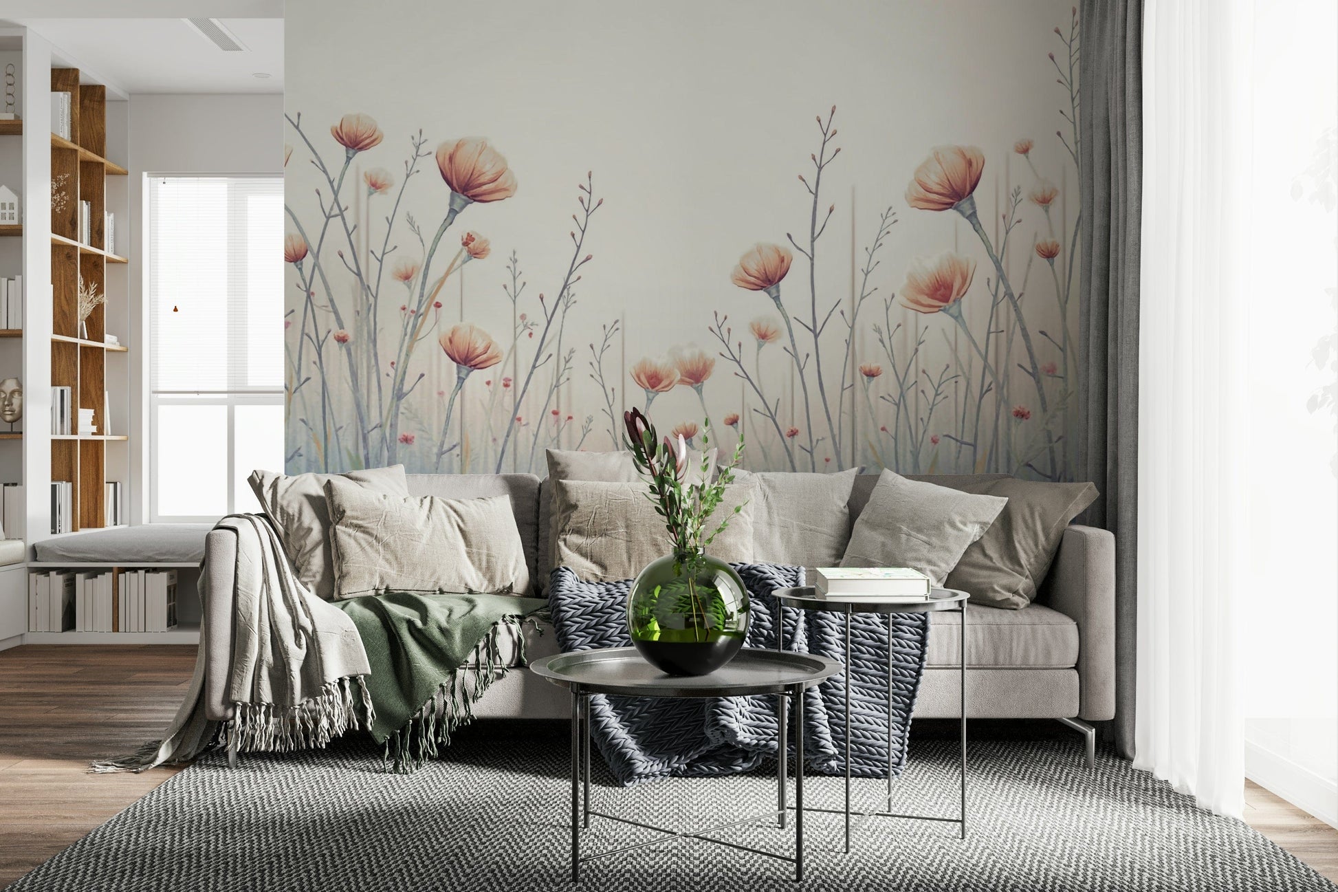 Serendipitous Whispering Blooms wallpaper highlights graceful poppy wall mural sketch.