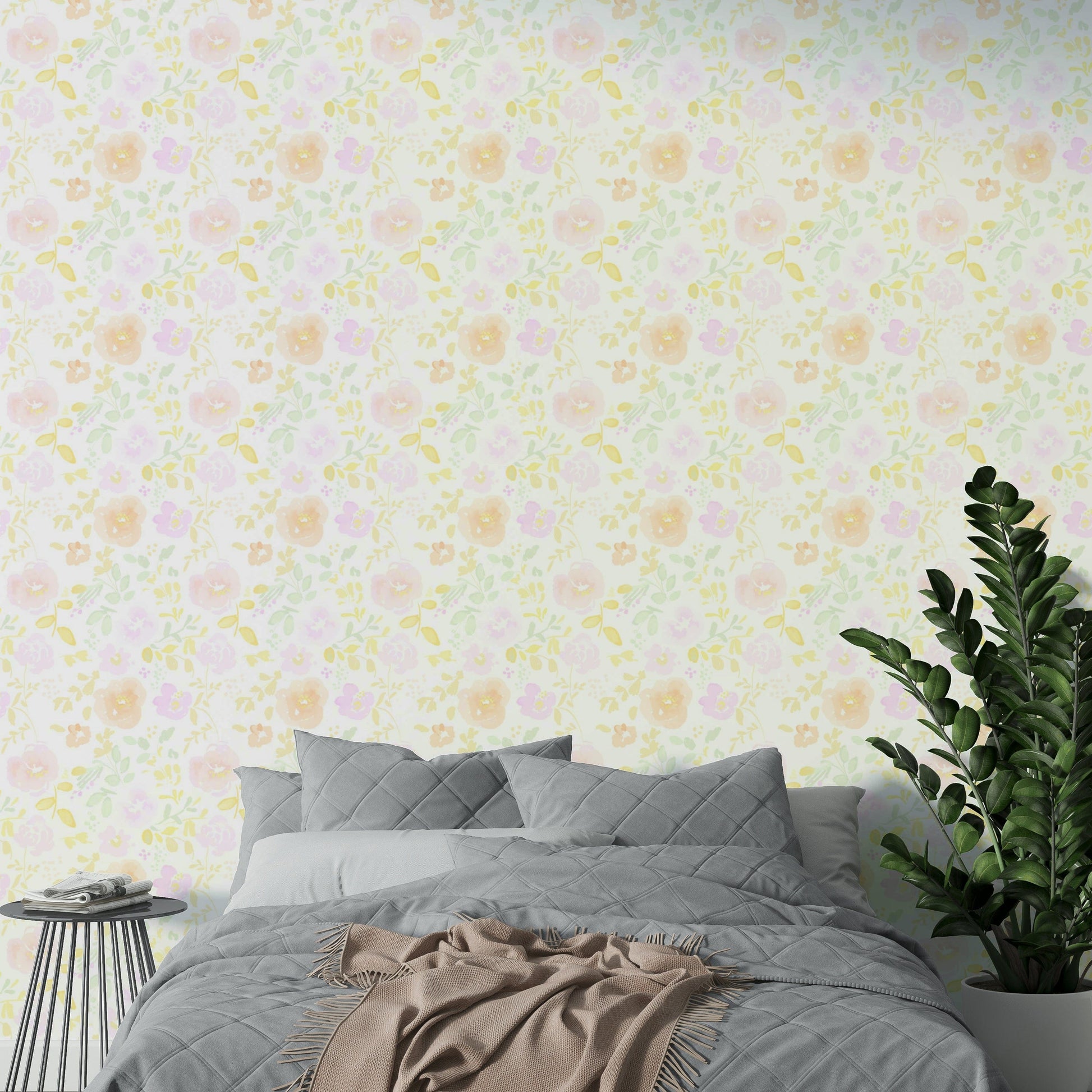 A graceful subtle bloom wall mural in cool, natural tones.

