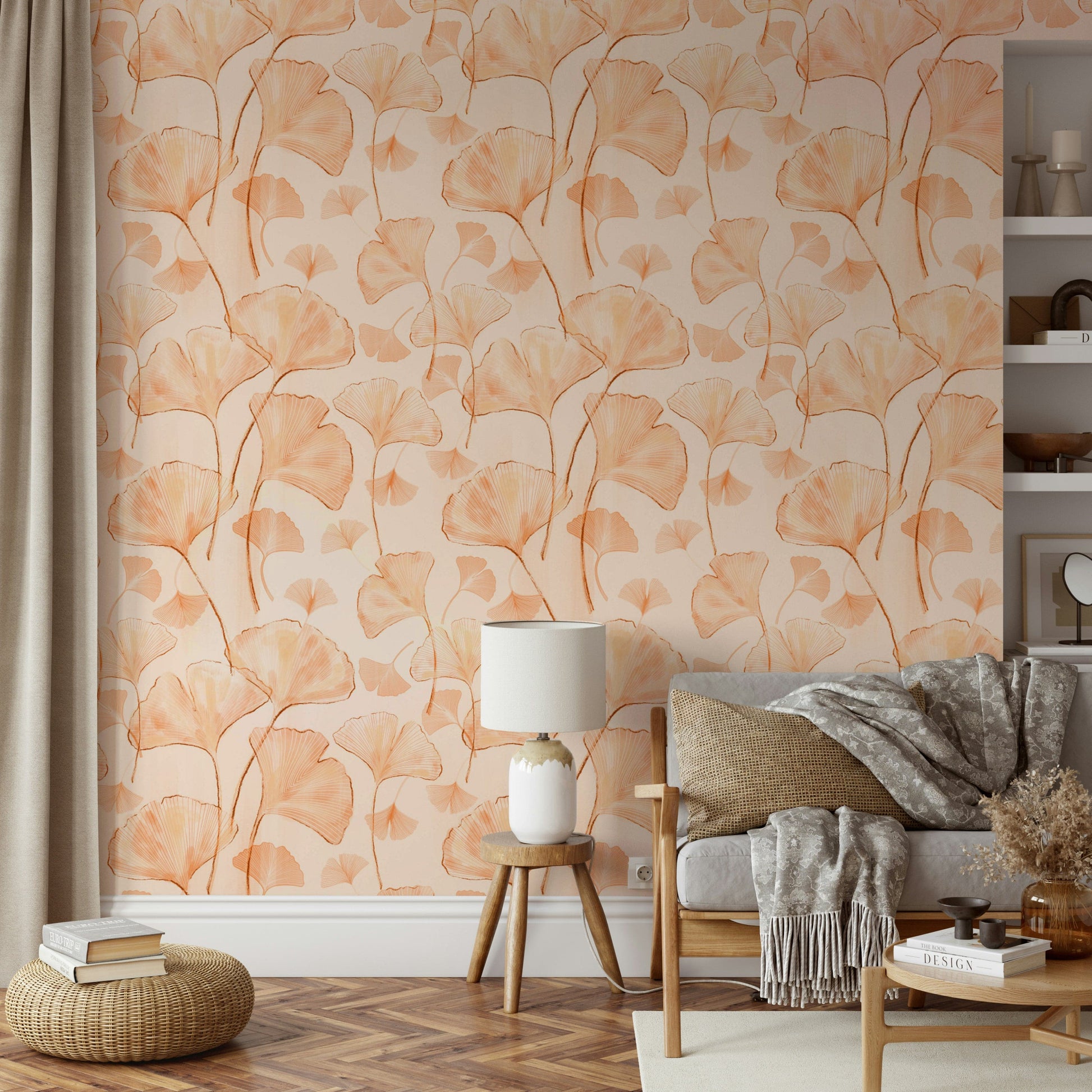 The wallpaper is perfect for a peaceful space.

