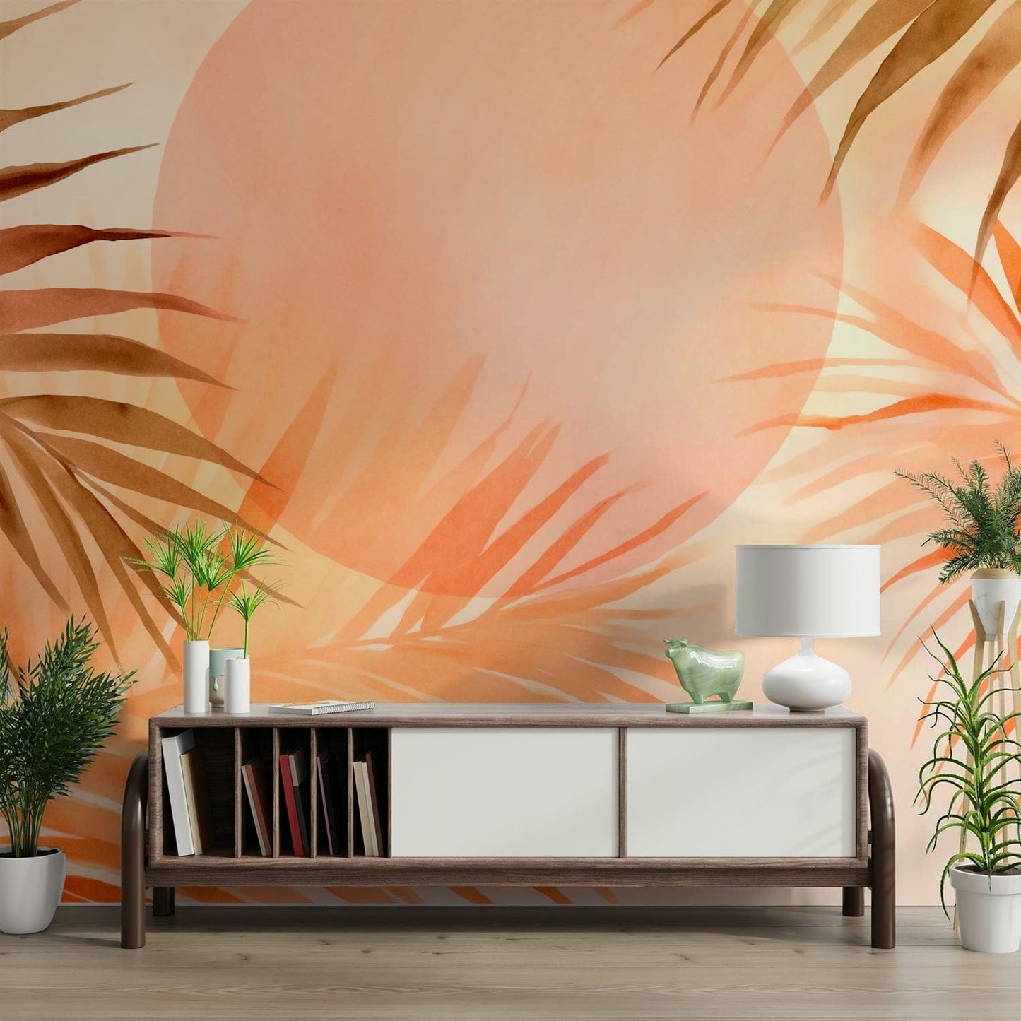 A wall mural depicting a serene tropical palm grove at sunrise.
