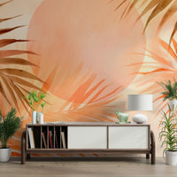 A wall mural depicting a serene tropical palm grove at sunrise.
