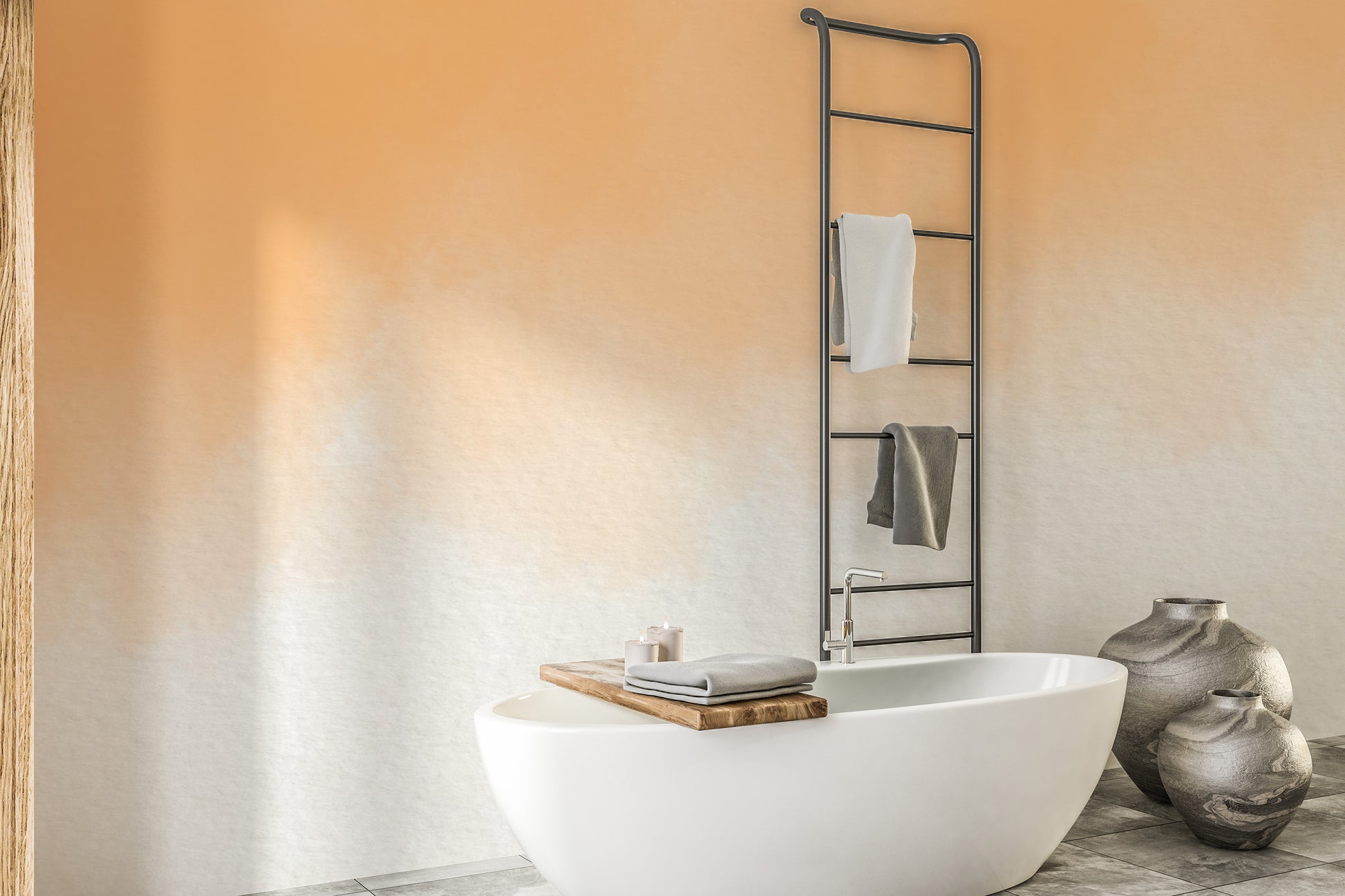 Soft watercolor wash wallpaper for elegant bathroom interiors.