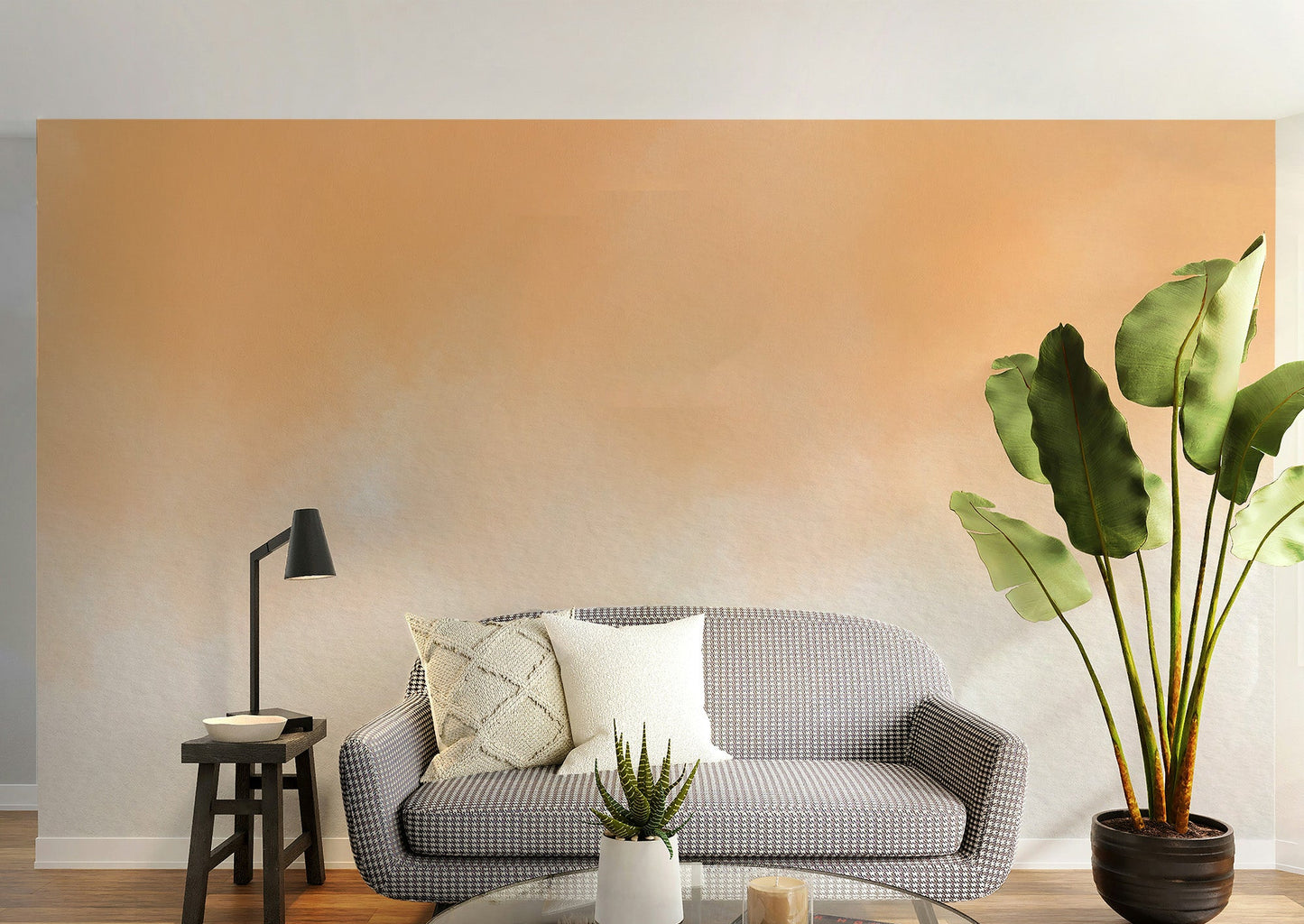 Serene peach watercolor wallpaper for living room walls.