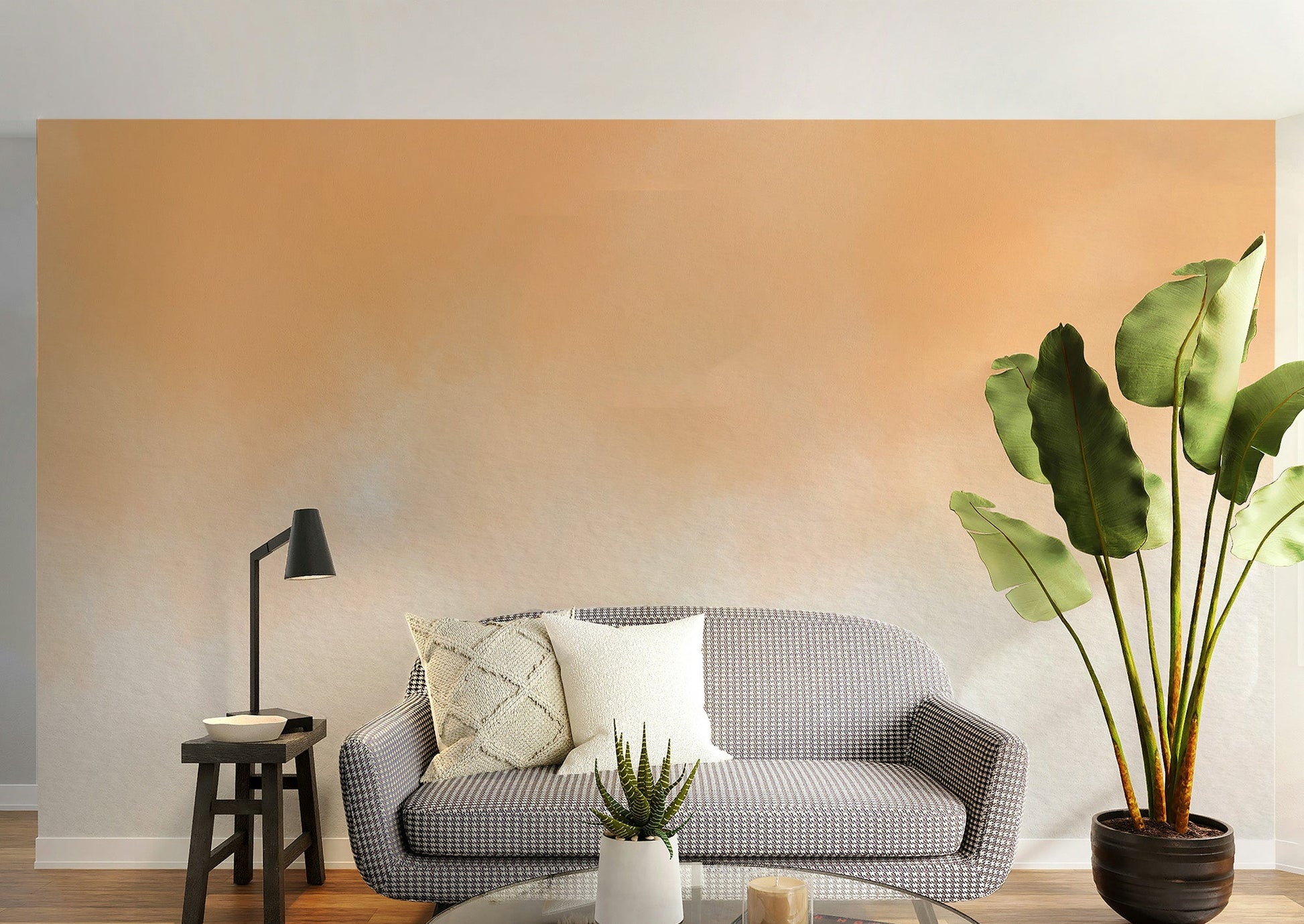 Serene peach watercolor wallpaper for living room walls.