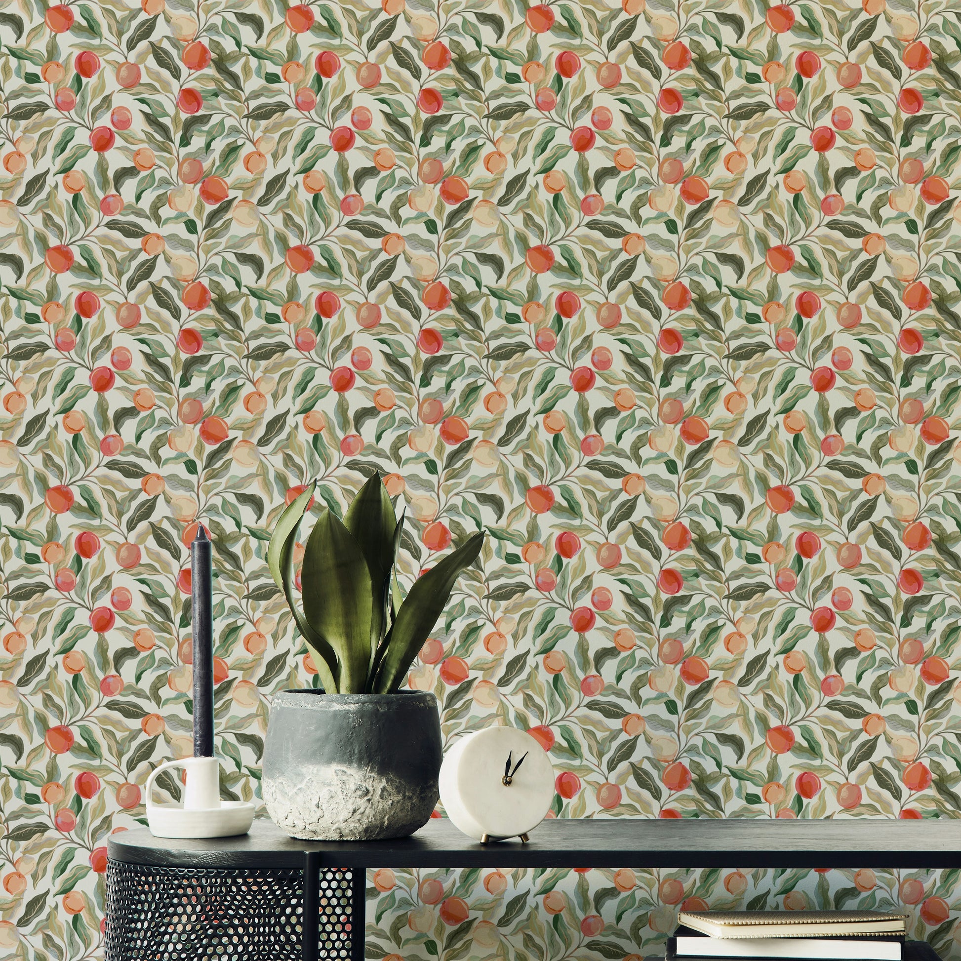 Painterly fruit wallpaper with cherries and warm hues

