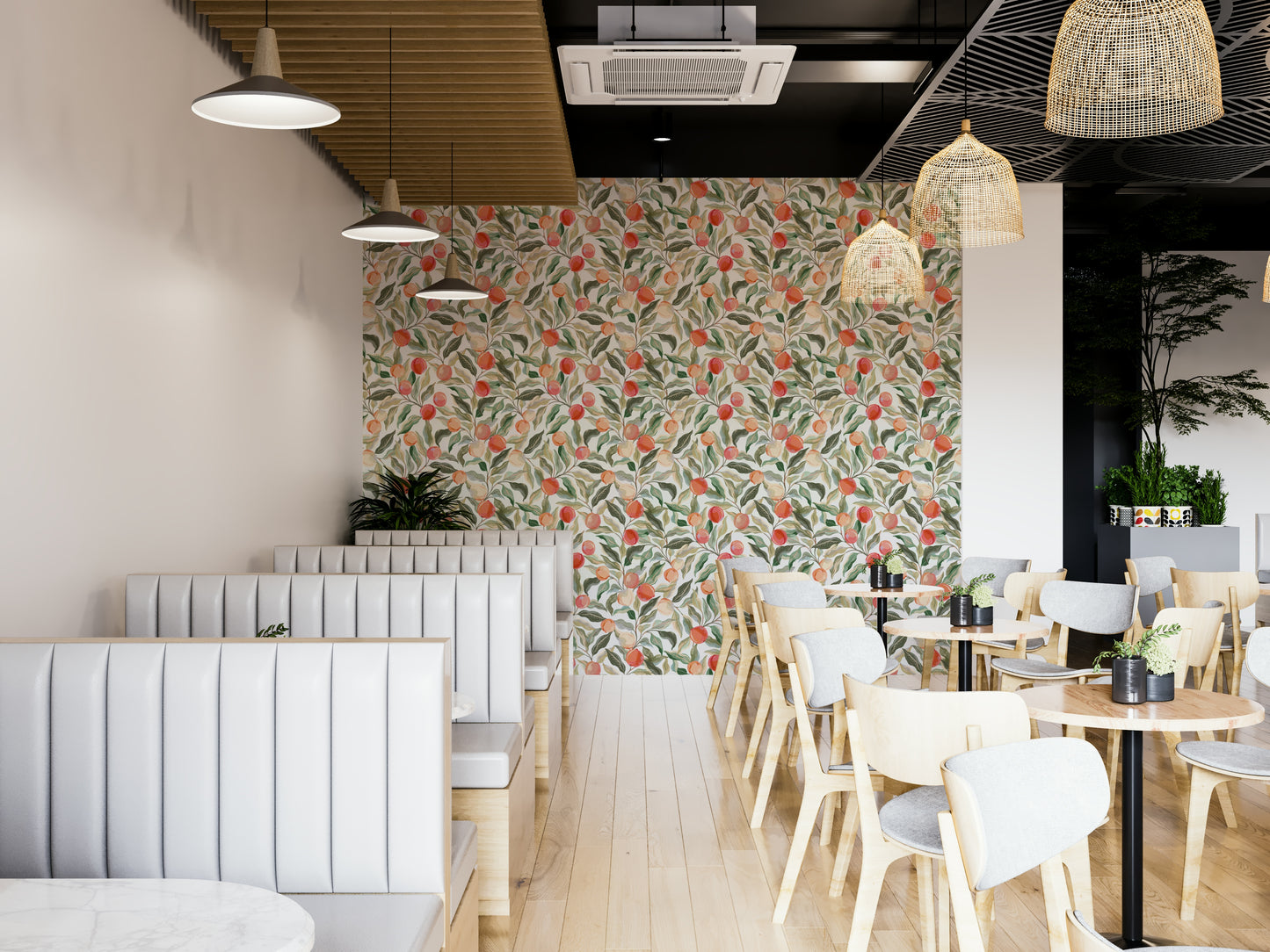 Soft peach wallpaper with artistic cherry details

