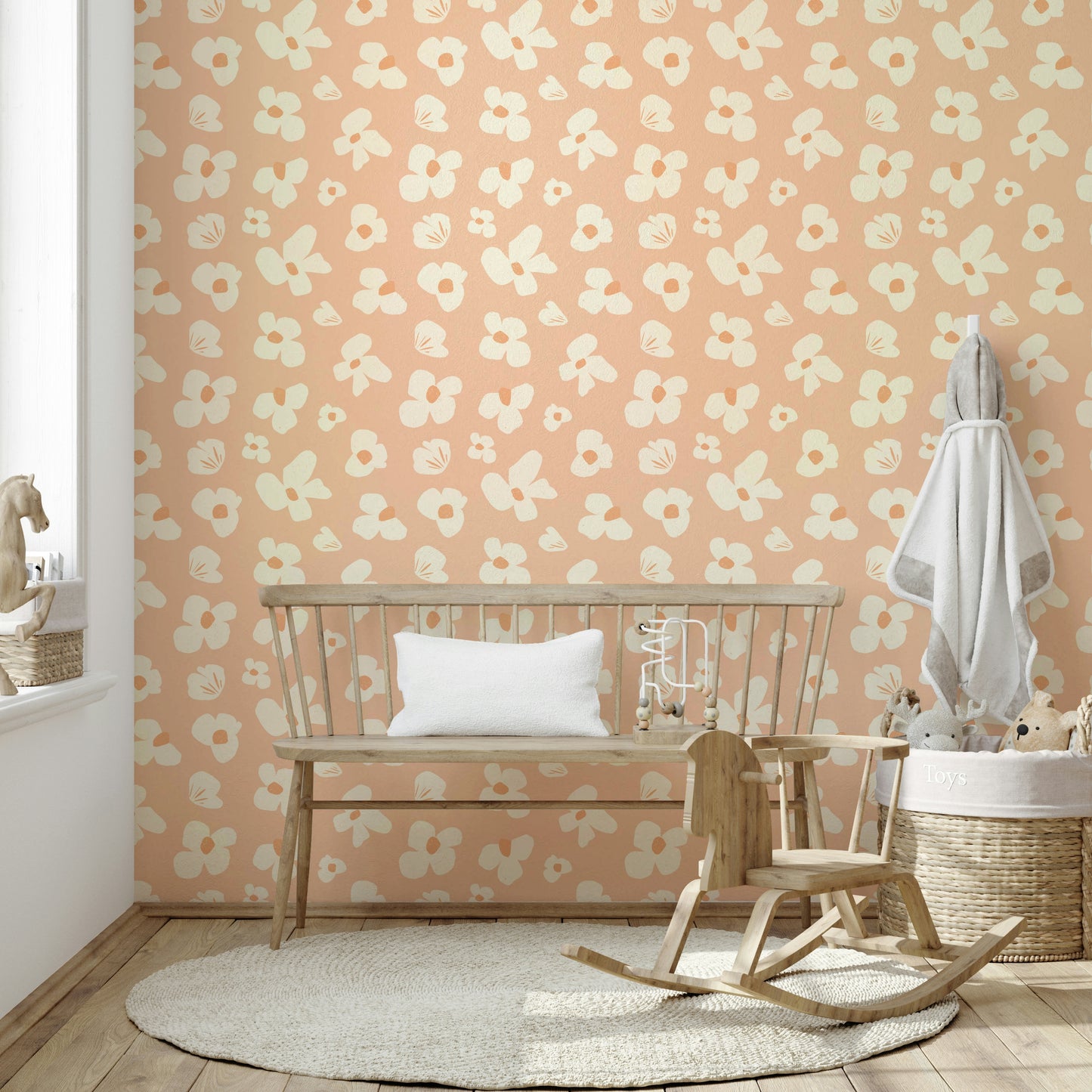 Peach floral wallpaper with abstract artistic design

