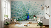 Wildlife-inspired wall mural featuring a graceful peacock for bedrooms or living rooms.