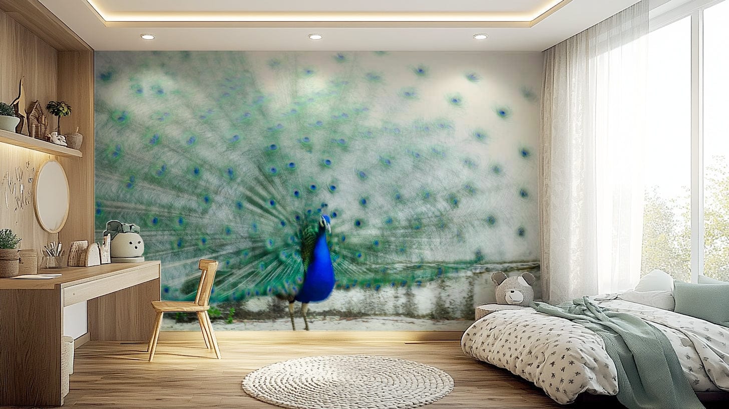 Wall mural showcasing a serene peacock in a dreamy, nature-inspired setting.
