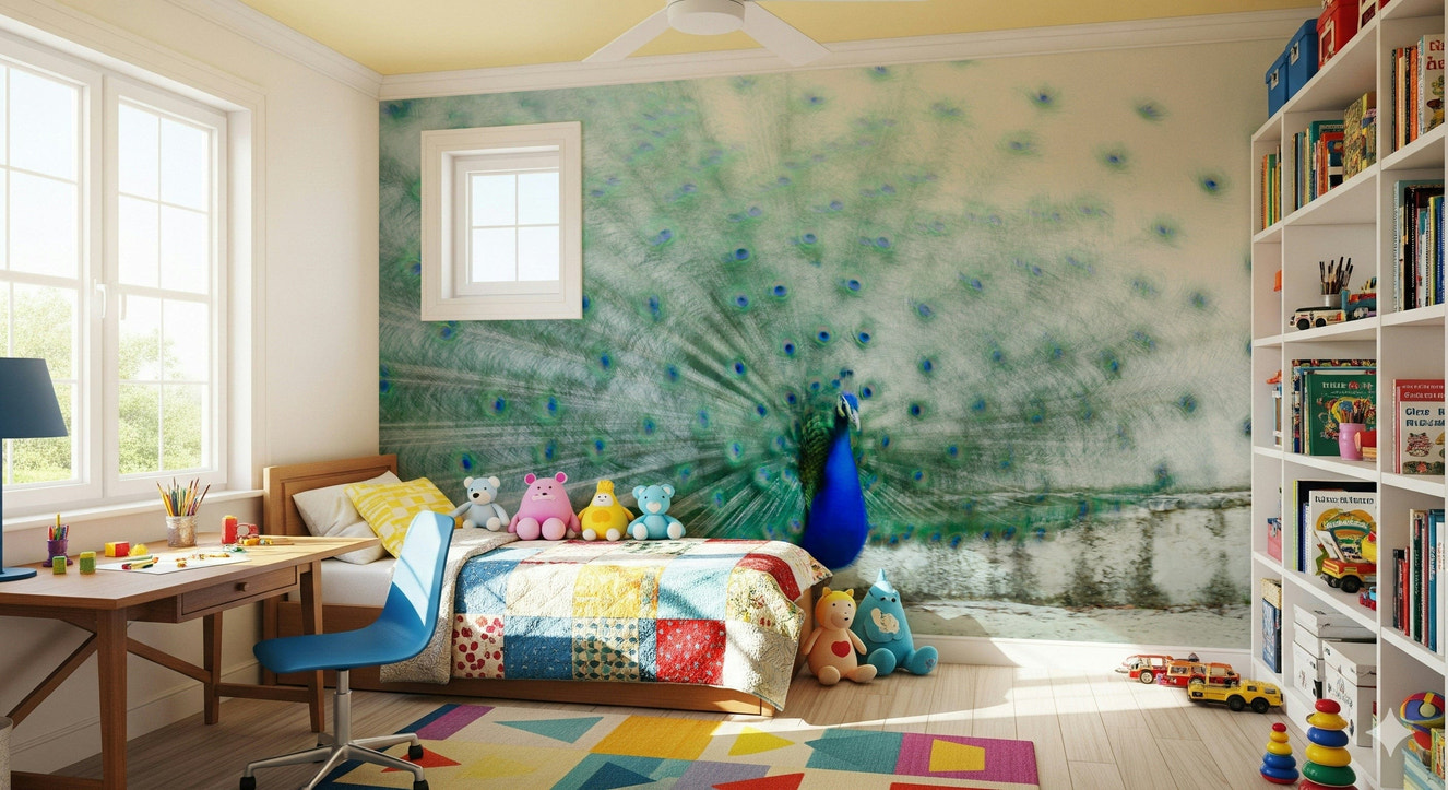 Peacock Dream Wall Mural featuring a majestic peacock with vibrant, colorful feathers.