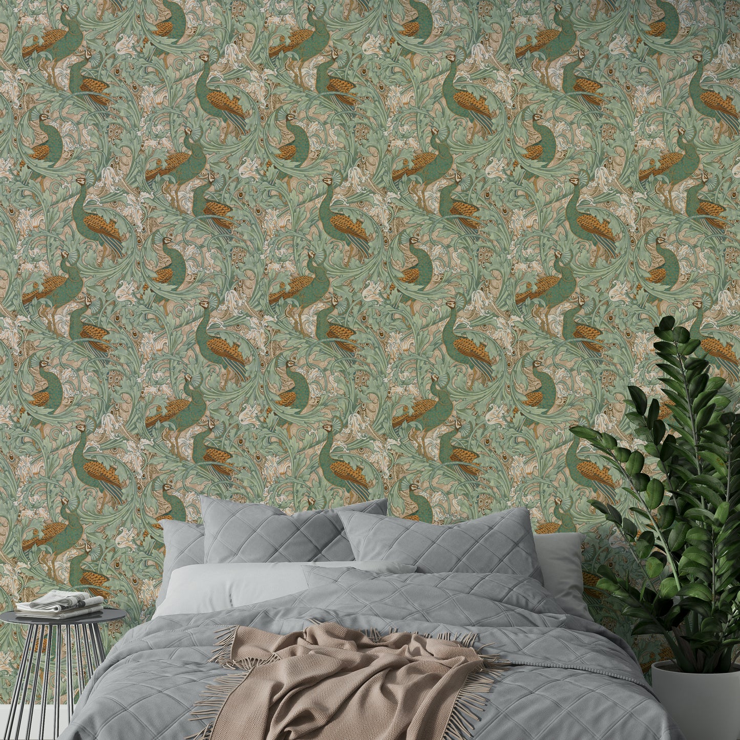 Elegant peacock wall decor for a guest suite with a mid-century modern aesthetic.