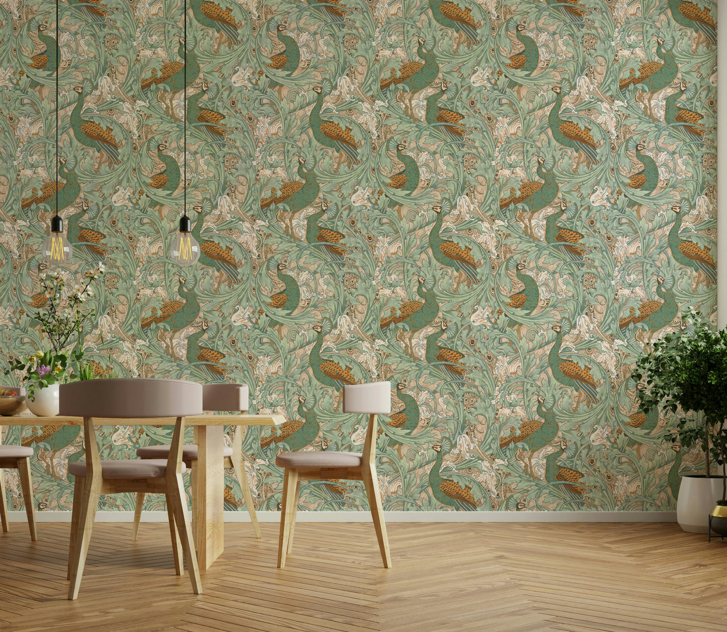 Walter Crane peacock pattern in a bright apartment lounge with neutral furniture.