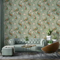 Stylized nature wallpaper with green vines and mustard birds for a bathroom wall.