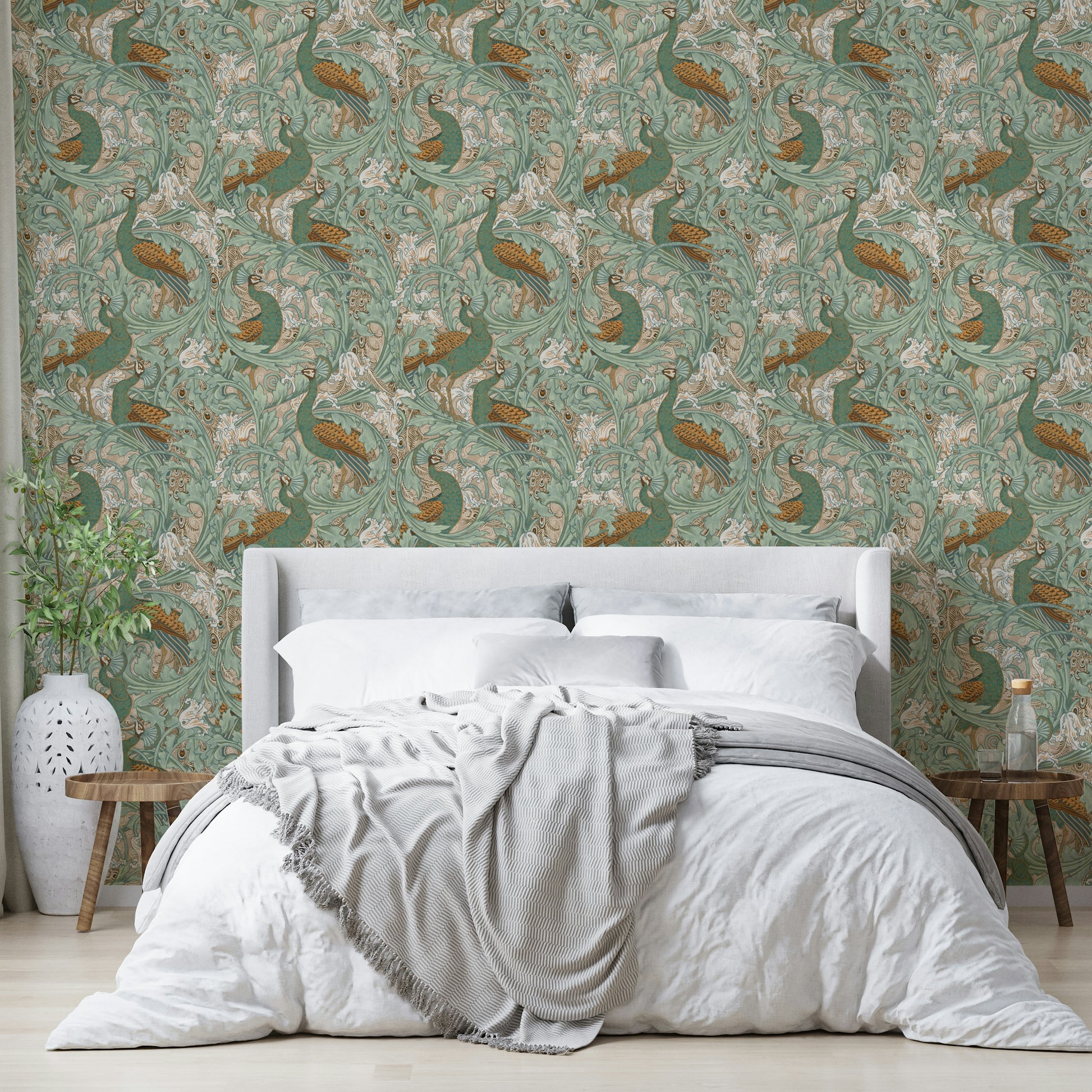 Arts and Crafts mural featuring botanical birds in a bright bedroom feature wall.