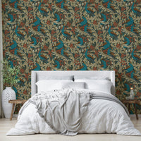 Ornate peacock design wallpaper in teal for a guest bathroom feature wall