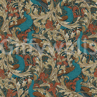 Symmetrical bird and flower pattern in rust and mustard colorway