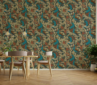 Peacock Garden by Walter Crane in teal rust mustard beige Wallpaper on a study feature wall