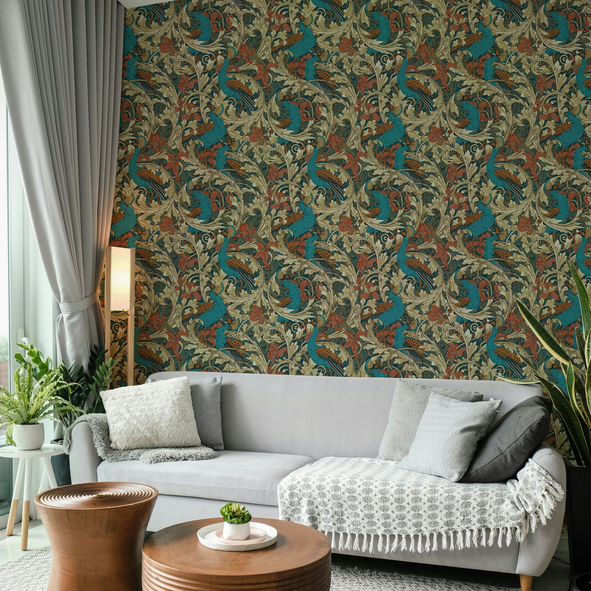 Peacock and floral wall decor in a teal color palette for a home office