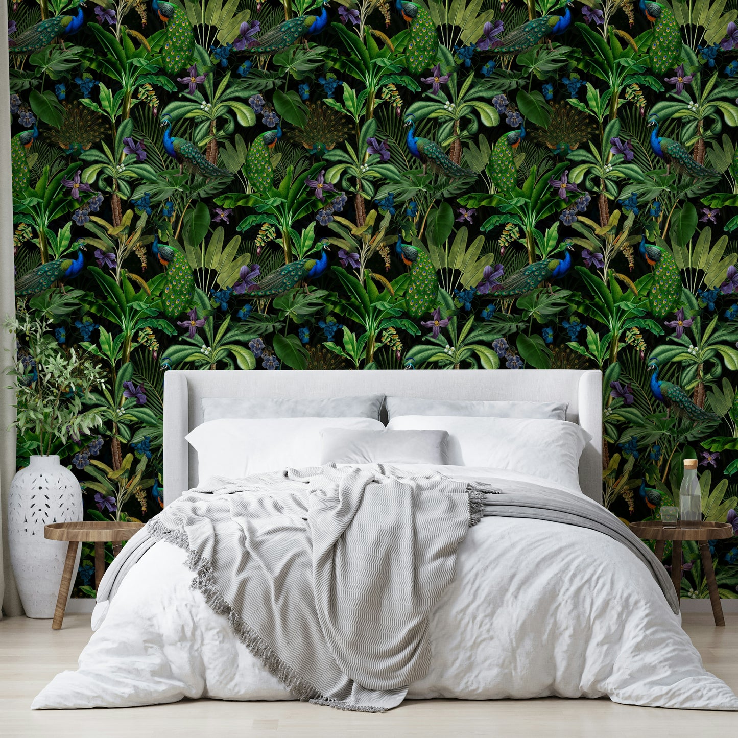 Exotic wall mural with jewel-toned peacock feathers and dark background.

