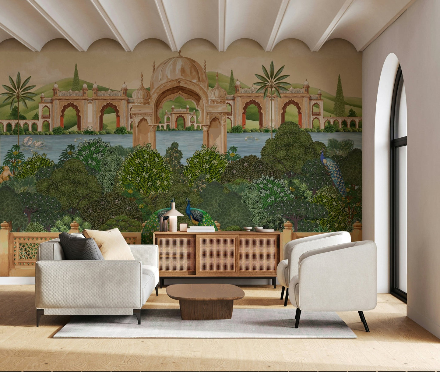 Peacock wall mural adding a nature theme to a bedroom wall